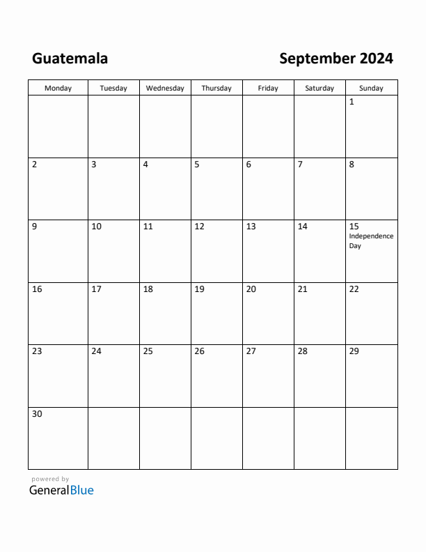 September 2024 Calendar with Guatemala Holidays