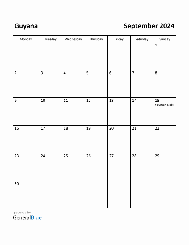 September 2024 Calendar with Guyana Holidays
