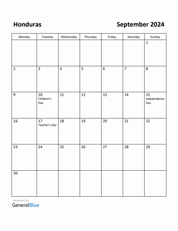 September 2024 Calendar with Honduras Holidays