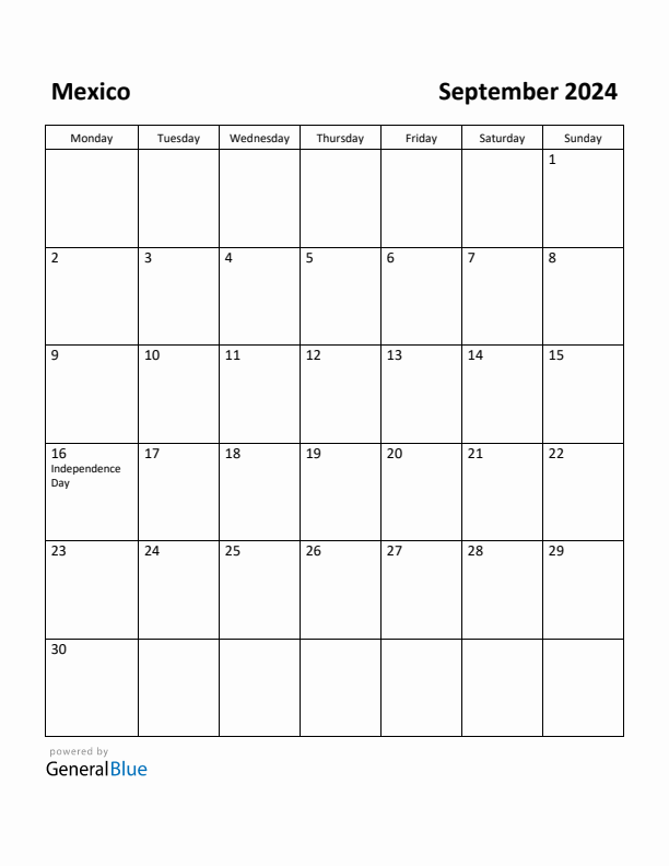 September 2024 Calendar with Mexico Holidays