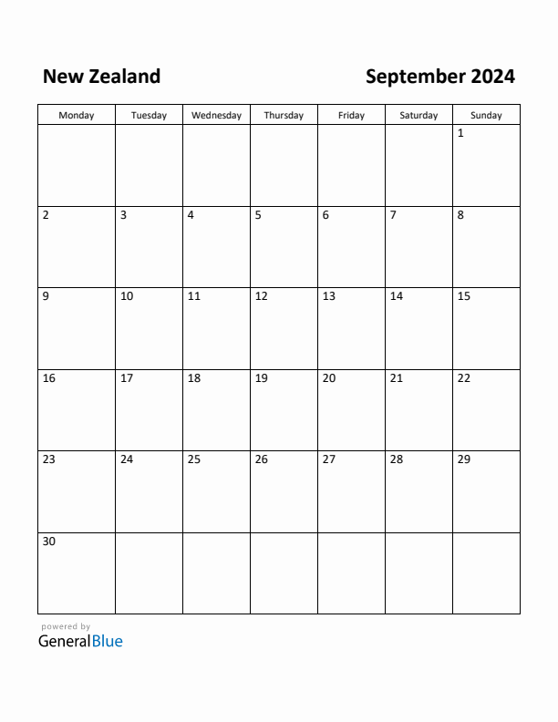 September 2024 Calendar with New Zealand Holidays