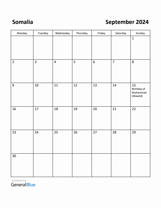 September 2024 Calendar with Somalia Holidays