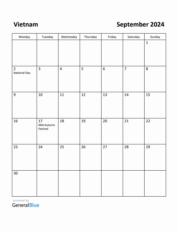 September 2024 Calendar with Vietnam Holidays