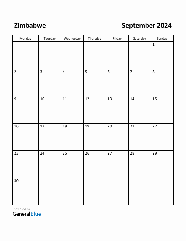 September 2024 Calendar with Zimbabwe Holidays
