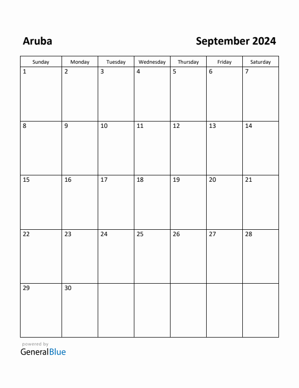 September 2024 Calendar with Aruba Holidays