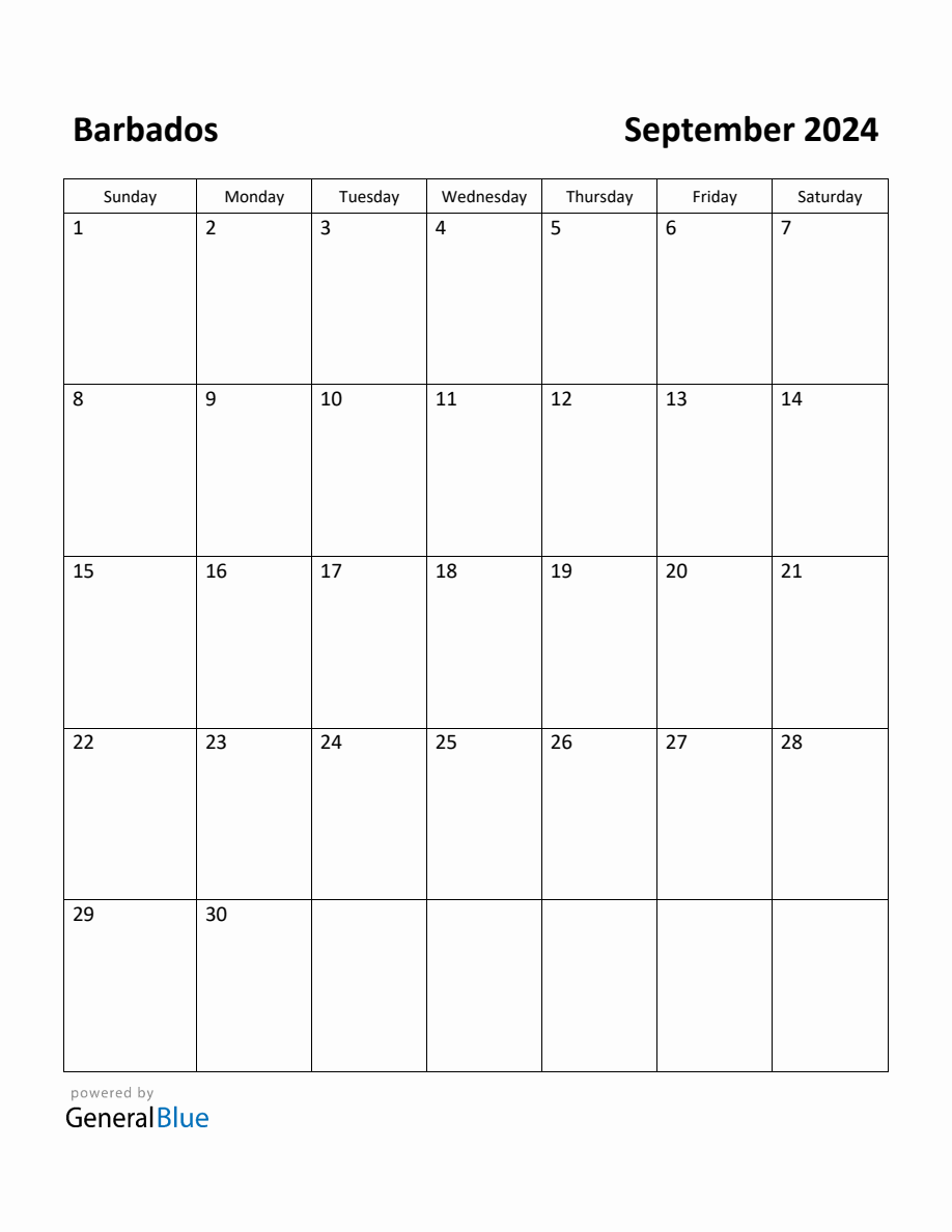 Free Printable September 2024 Calendar for Barbados