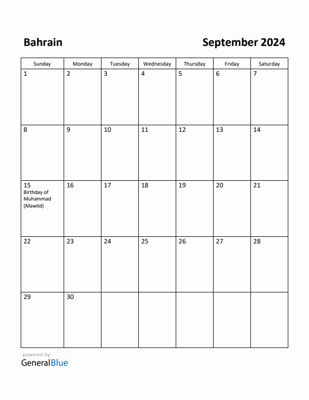 September 2024 Calendar with Bahrain Holidays