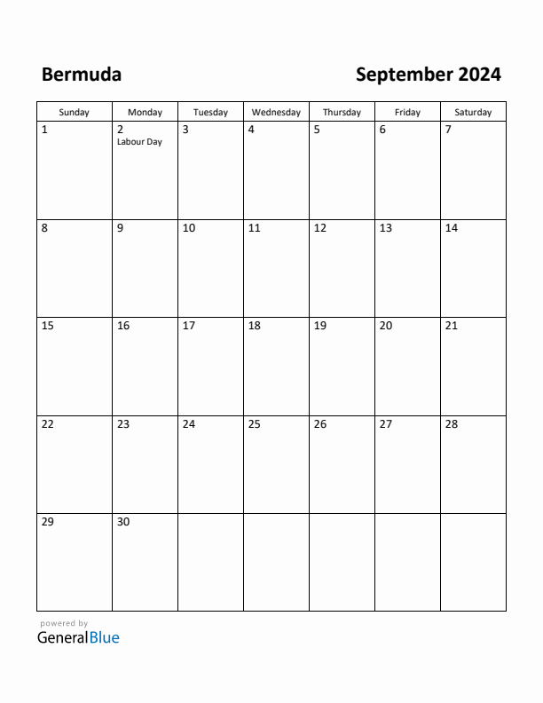 September 2024 Calendar with Bermuda Holidays