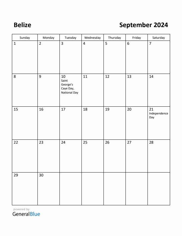 September 2024 Calendar with Belize Holidays