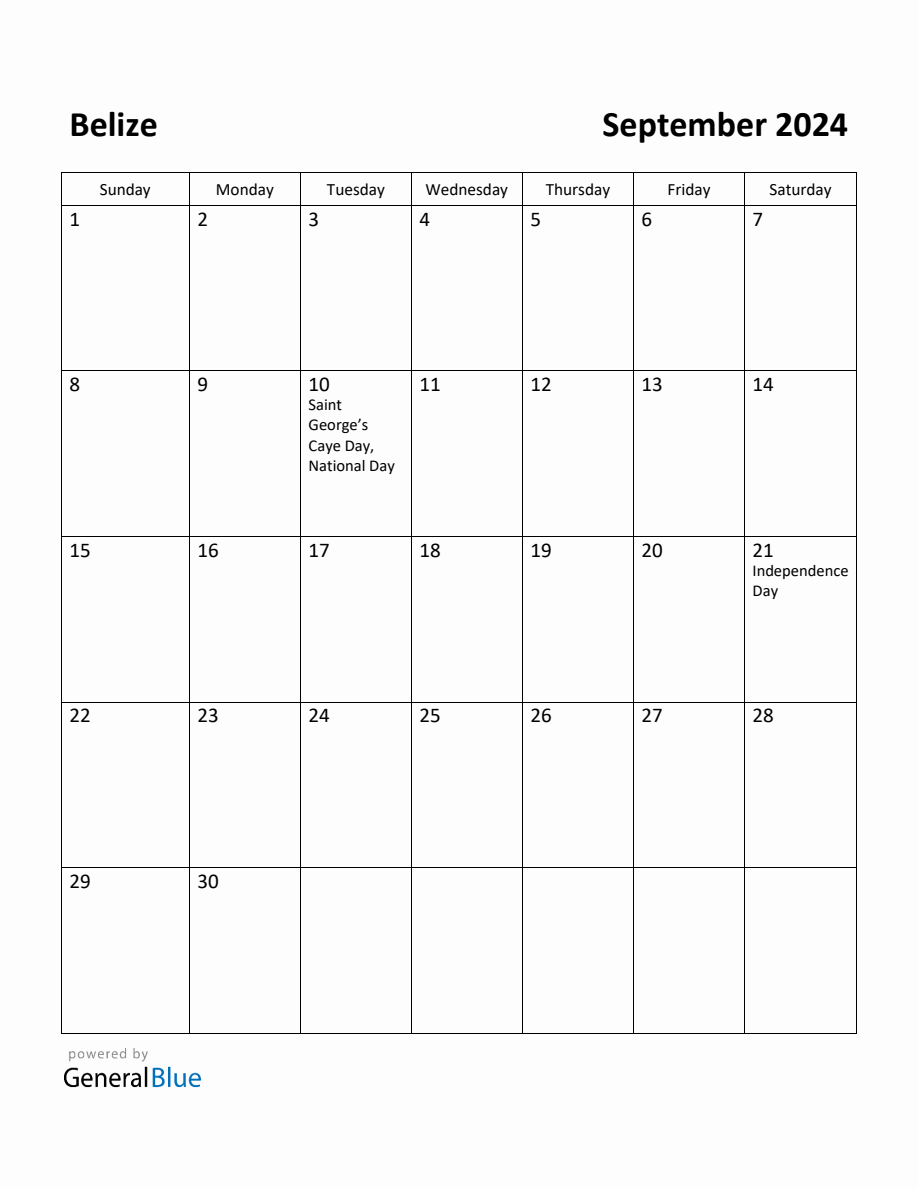 Free Printable September 2024 Calendar for Belize