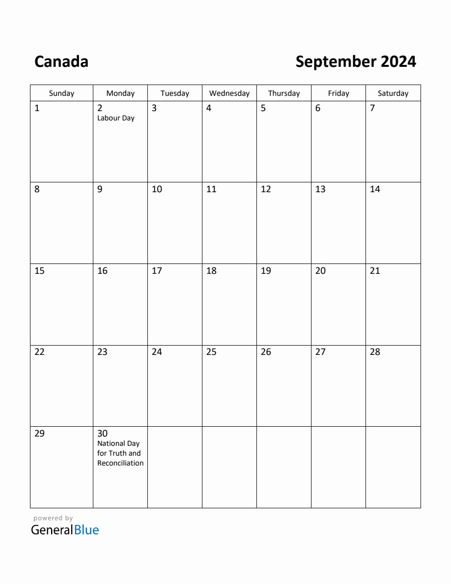 Free Printable September 2024 Calendar for Canada