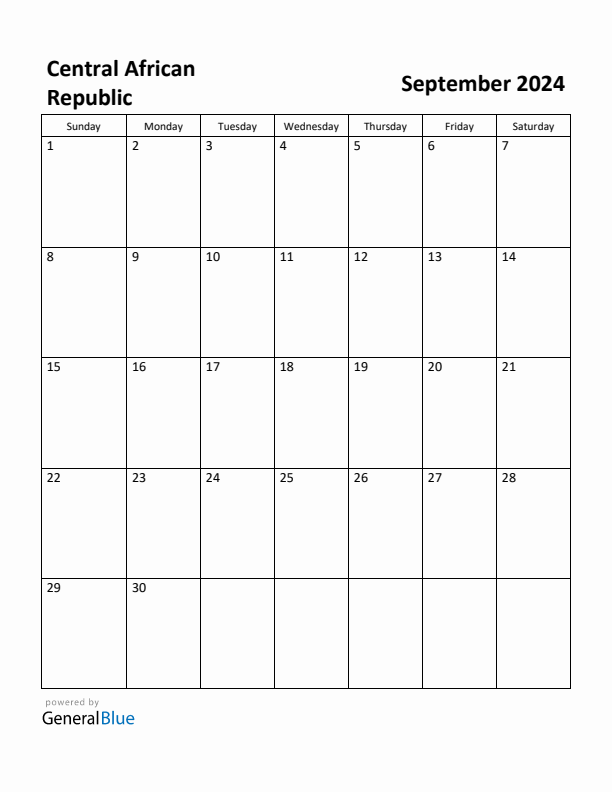September 2024 Calendar with Central African Republic Holidays