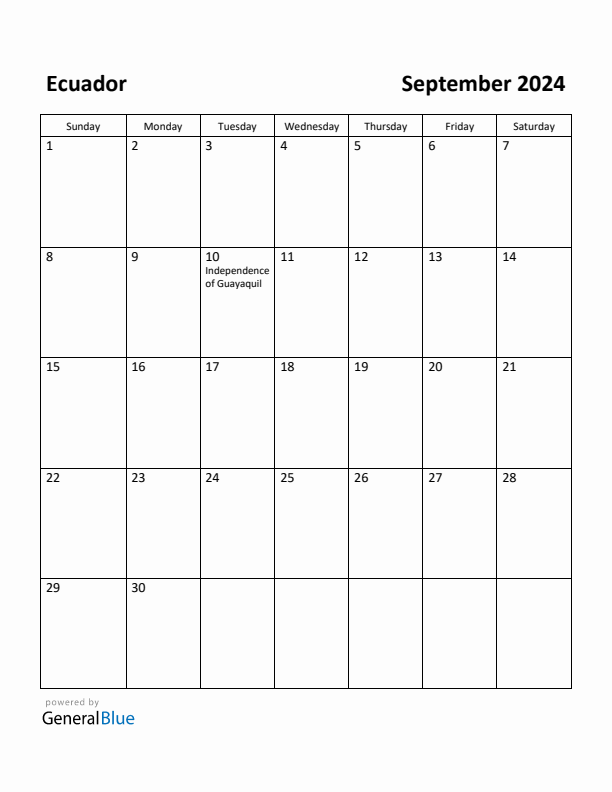 September 2024 Calendar with Ecuador Holidays