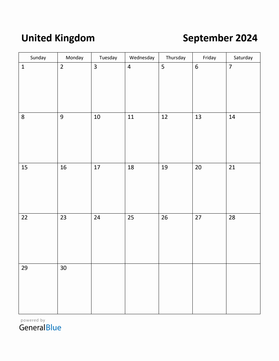 Free Printable September 2024 Calendar for United Kingdom