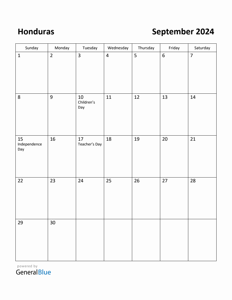 Free Printable September 2024 Calendar for Honduras