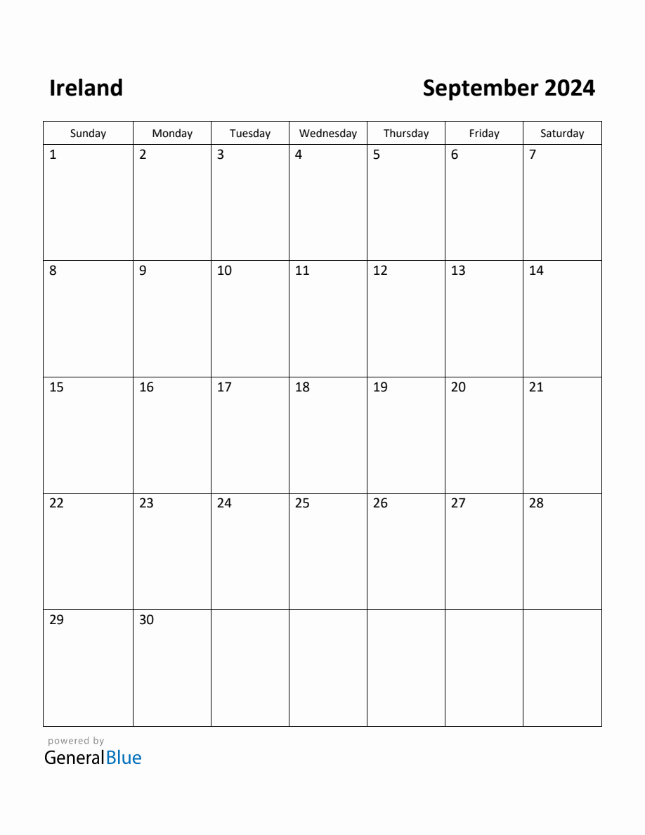 Free Printable September 2024 Calendar for Ireland