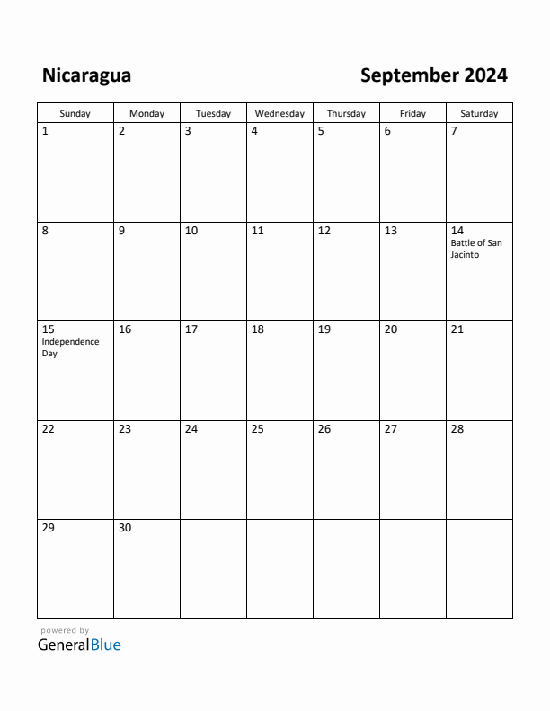 September 2024 Calendar with Nicaragua Holidays