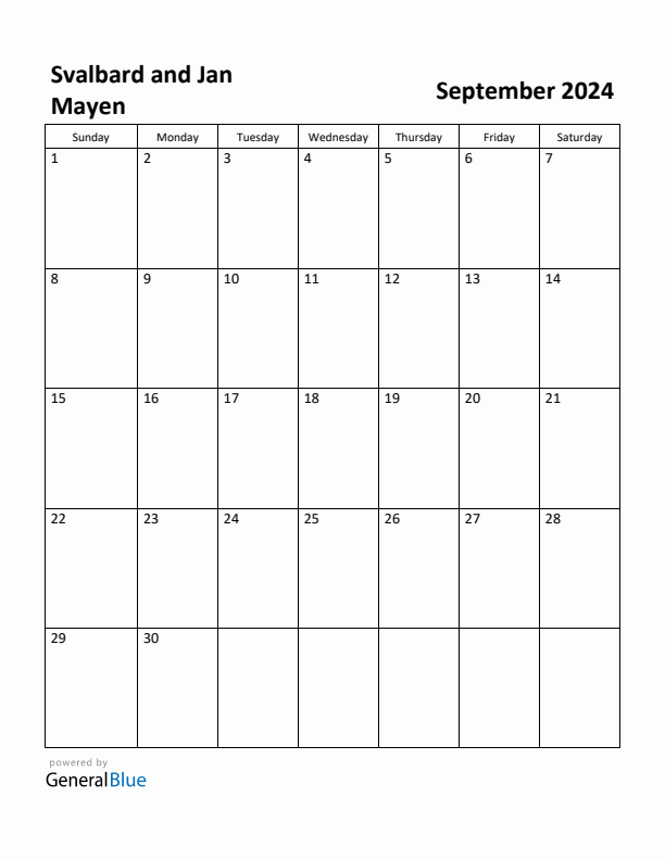 September 2024 Calendar with Svalbard and Jan Mayen Holidays