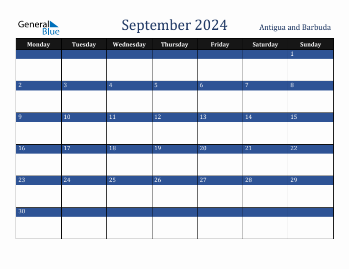 September 2024 Antigua and Barbuda Calendar (Monday Start)