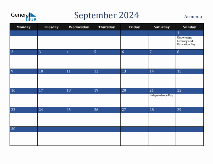 September 2024 Armenia Calendar (Monday Start)