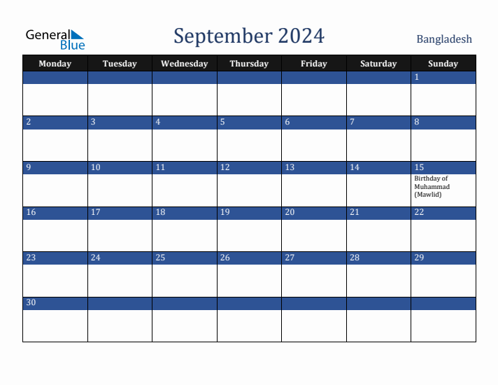 September 2024 Bangladesh Calendar (Monday Start)