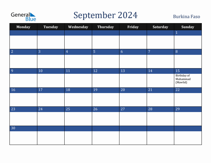 September 2024 Burkina Faso Calendar (Monday Start)