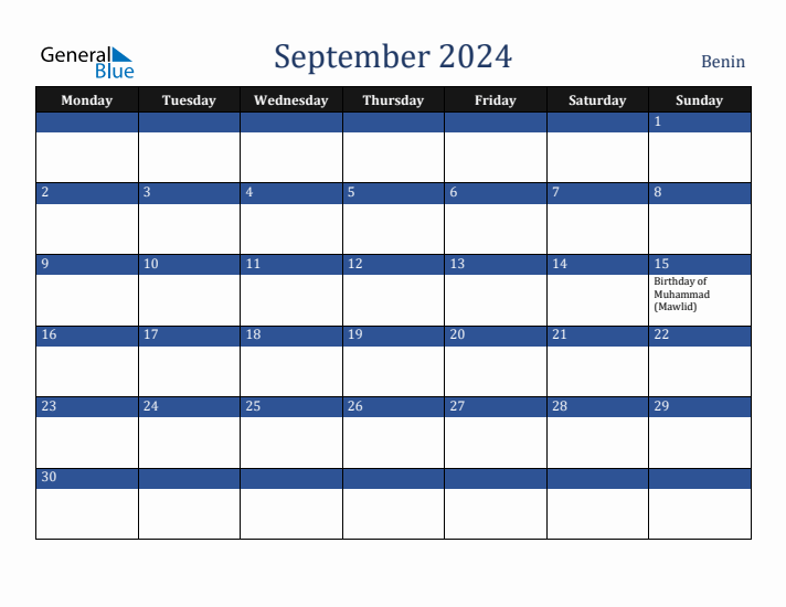 September 2024 Benin Calendar (Monday Start)