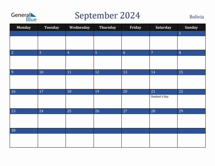September 2024 Bolivia Calendar (Monday Start)
