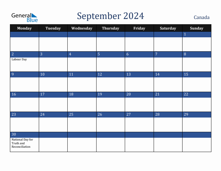 September 2024 Canada Calendar (Monday Start)