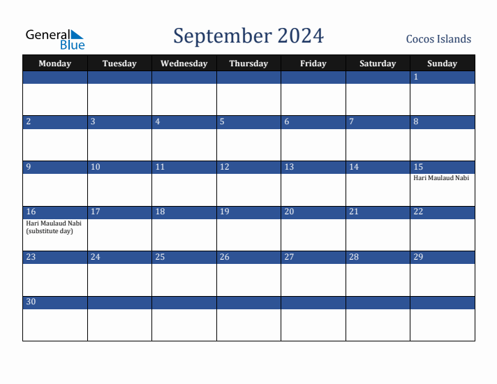 September 2024 Cocos Islands Calendar (Monday Start)