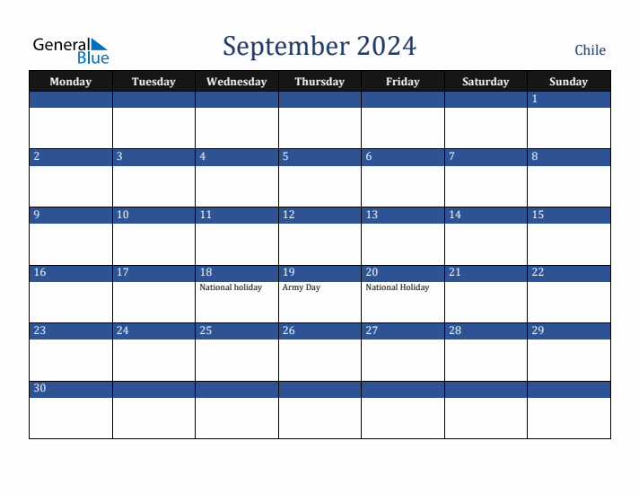 September 2024 Chile Calendar (Monday Start)