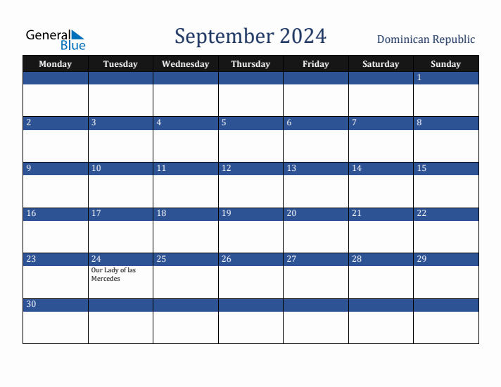 September 2024 Dominican Republic Calendar (Monday Start)