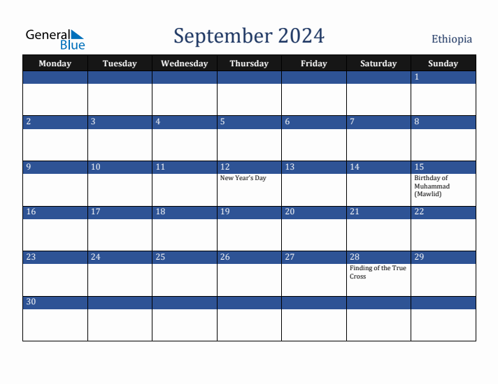 September 2024 Ethiopia Calendar (Monday Start)