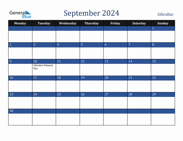 September 2024 Gibraltar Calendar (Monday Start)