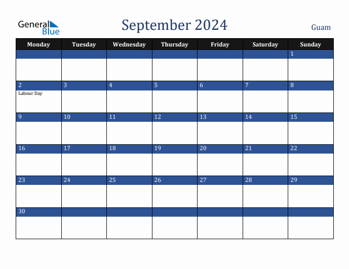 September 2024 Guam Calendar (Monday Start)