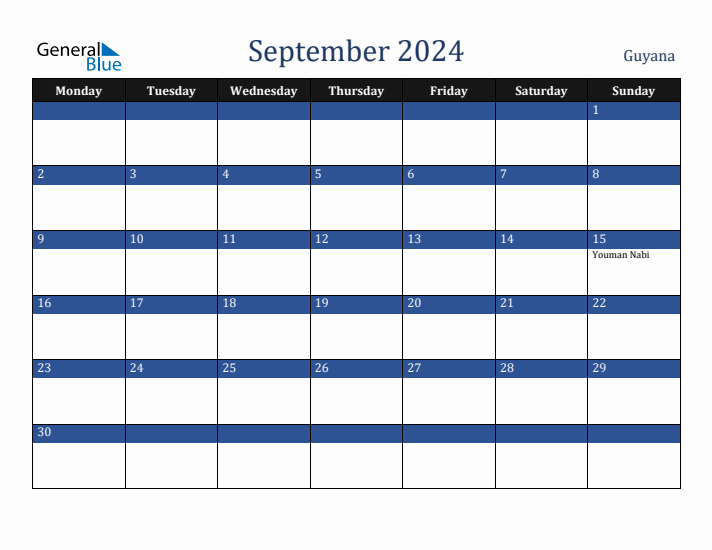 September 2024 Guyana Calendar (Monday Start)