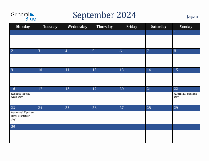 September 2024 Japan Calendar (Monday Start)