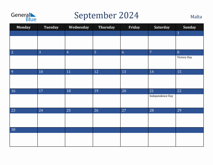 September 2024 Malta Calendar (Monday Start)
