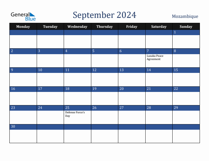 September 2024 Mozambique Calendar (Monday Start)