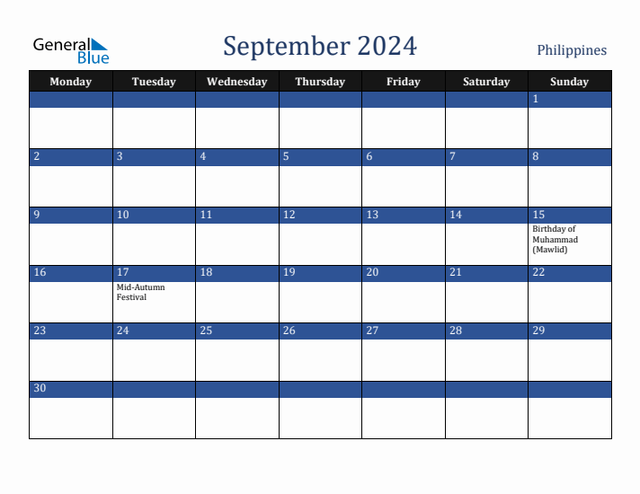 September 2024 Philippines Calendar (Monday Start)