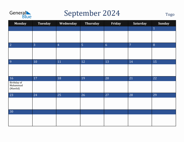 September 2024 Togo Calendar (Monday Start)