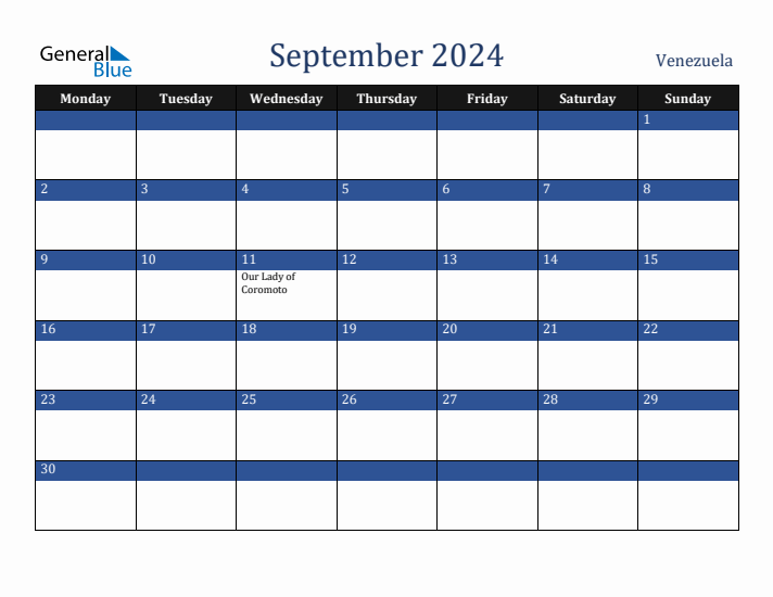 September 2024 Venezuela Calendar (Monday Start)