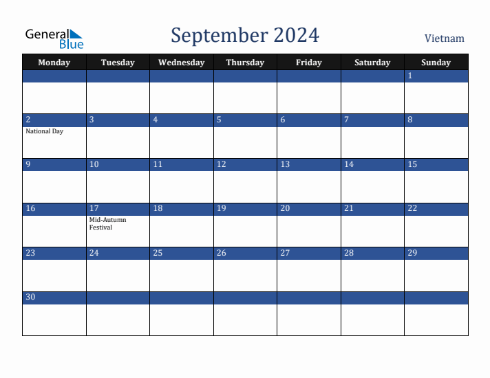 September 2024 Vietnam Calendar (Monday Start)