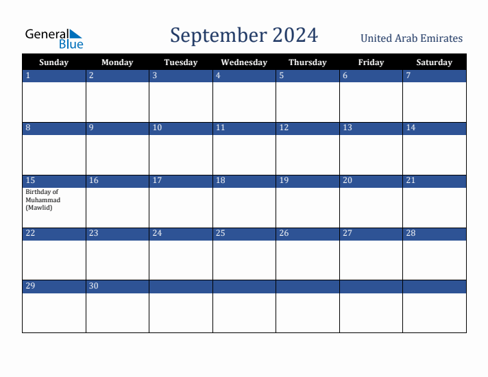 September 2024 United Arab Emirates Calendar (Sunday Start)