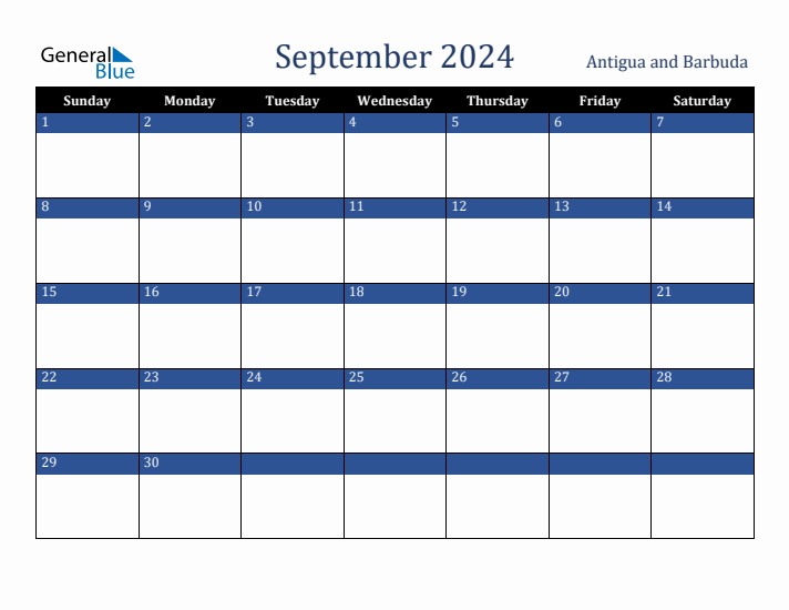 September 2024 Antigua and Barbuda Calendar (Sunday Start)