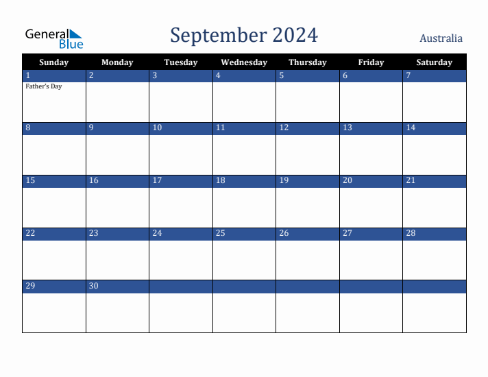 September 2024 Australia Calendar (Sunday Start)