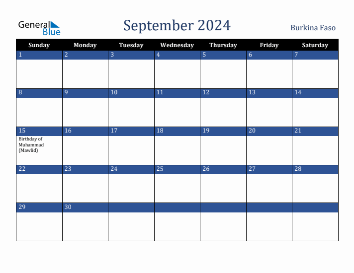 September 2024 Burkina Faso Calendar (Sunday Start)