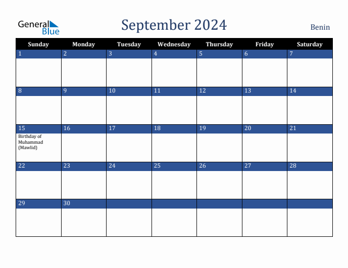 September 2024 Benin Calendar (Sunday Start)