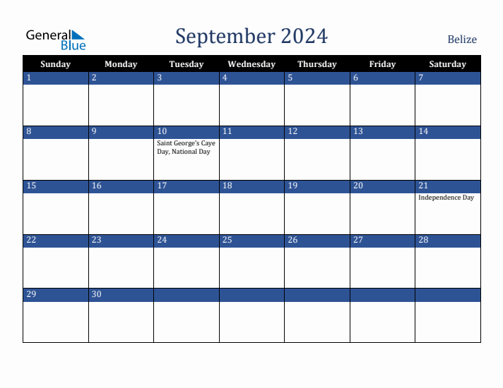 September 2024 Belize Calendar (Sunday Start)