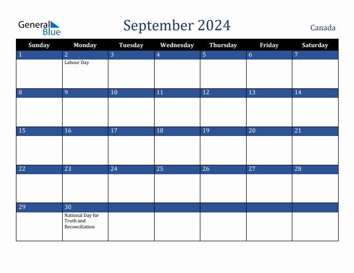 September 2024 Monthly Calendar with Canada Holidays